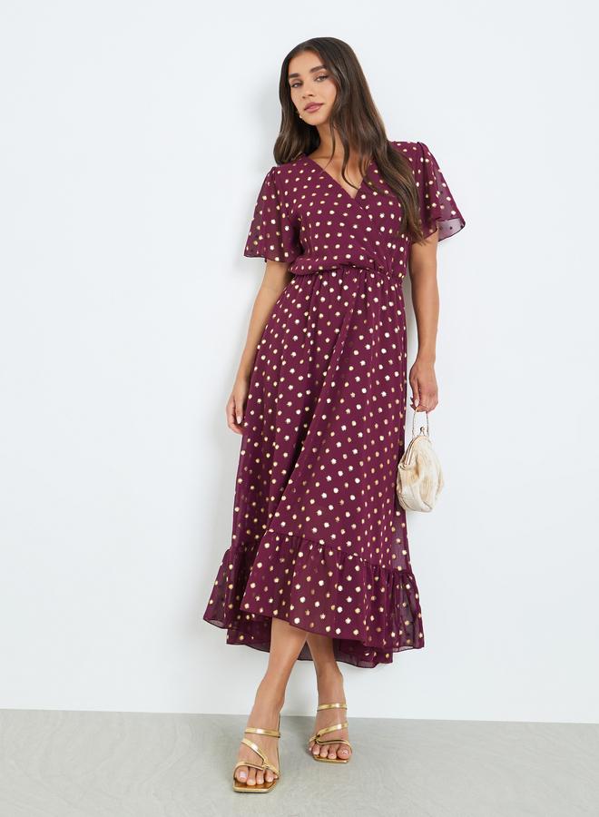Styli Women Burgundy Polka Dot Print A-Line Maxi Dress - Image 1